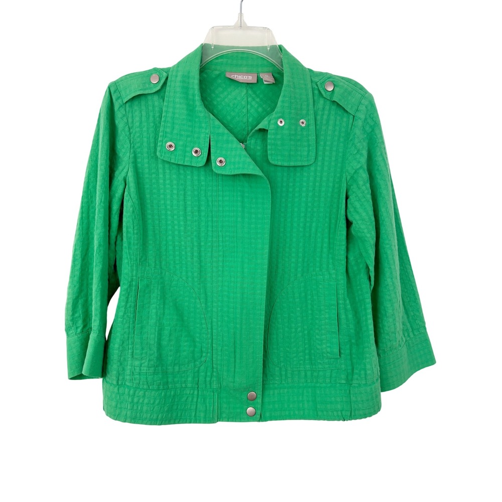 Chico's Green Textured Cotton Jacket Size 0 or S Zip Front Snap 3/4 Sleeve